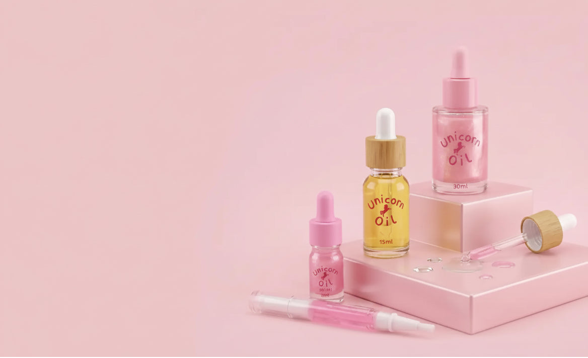Unicorn Oil cuticle oil bottles in pen, mini, 15 ml and 30 ml sizes